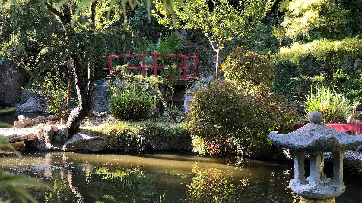 Jardin japonais du parc de Champfleuri à Cannes, avec sa pièce d'eau, son pont rouge et une lanterne en pierre